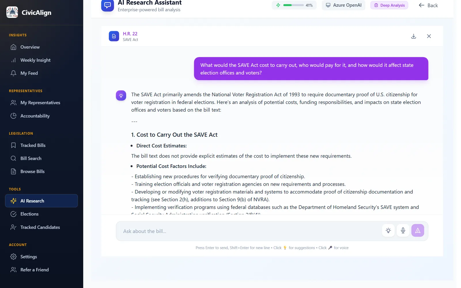 AI Research Assistant: Answers that cite the bill's sections