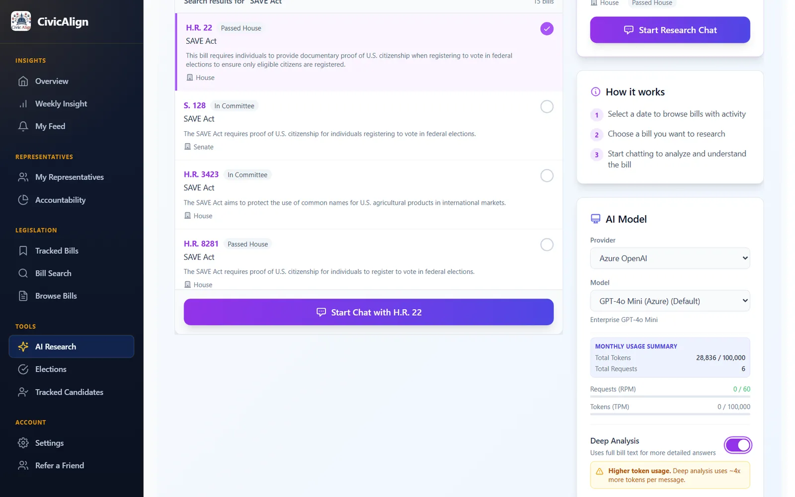 AI Research Assistant: Pick any bill, turn on Deep Analysis