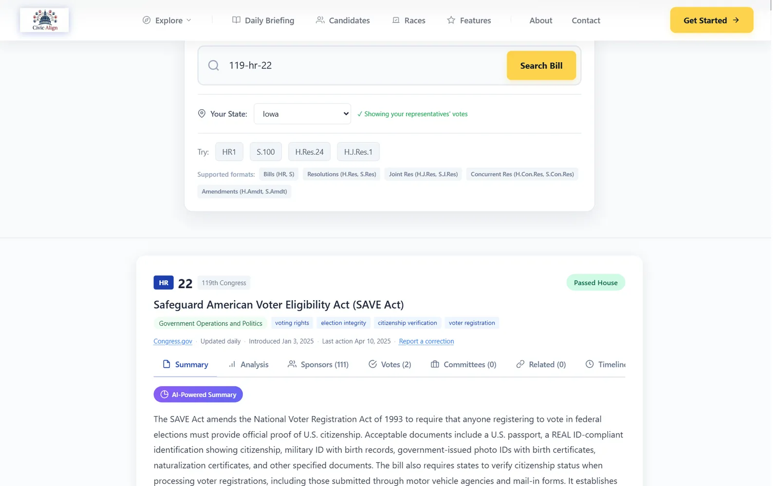 Search Feature: Look up any bill by its number